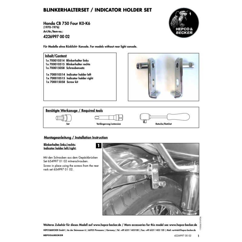 CB 750 FOUR K0-K6 1970-1976 ✓ KIT DE MONTAGE DE CLIGNOTANTS POUR HONDA CB 750 FOUR K0-K6 (1970-1976)